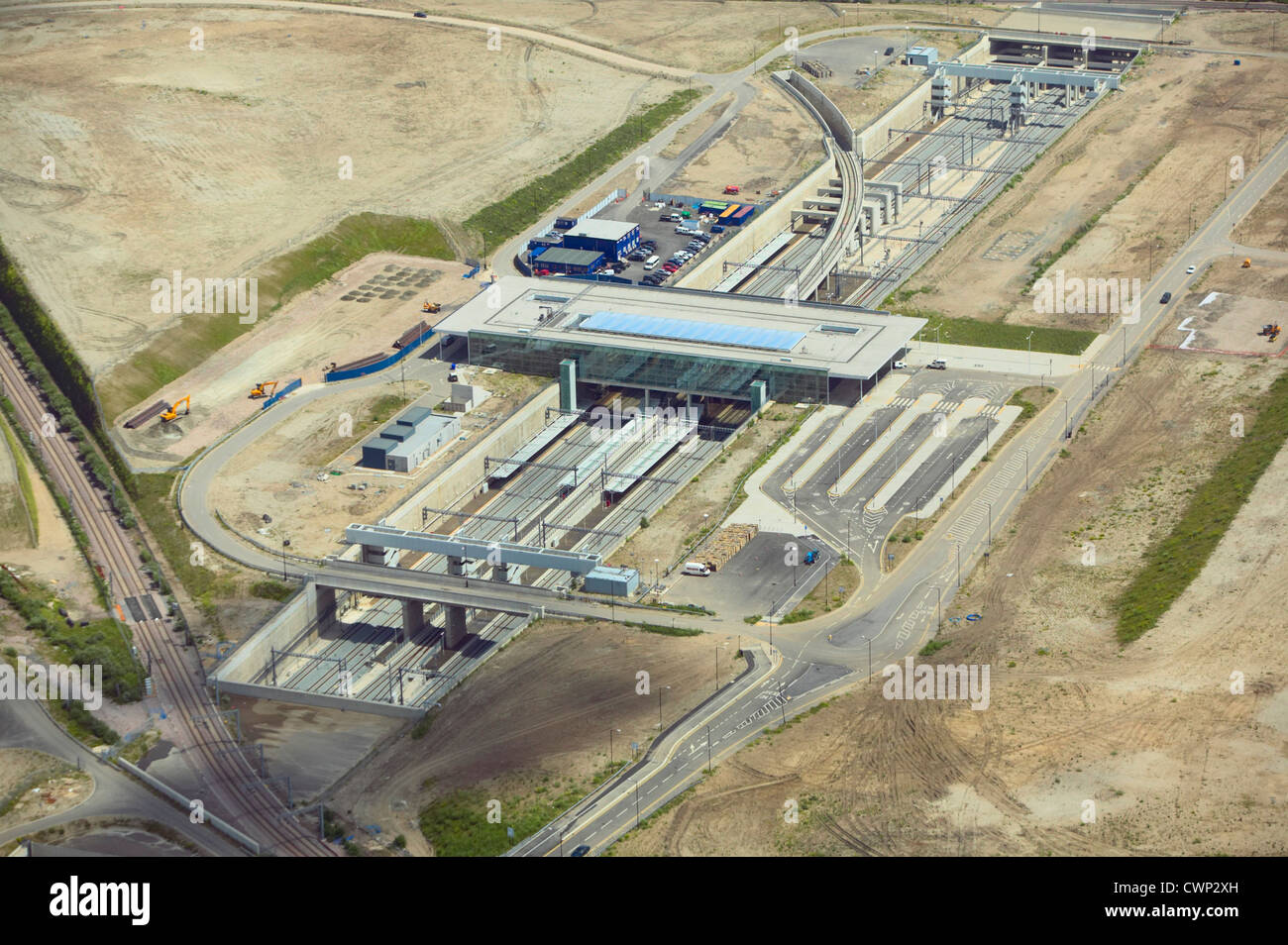 Aerial view of Stratford International DLR rail station under construction at the heart of the