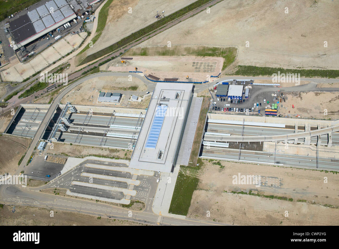 Aerial view of Stratford International DLR rail station under construction at the heart of the