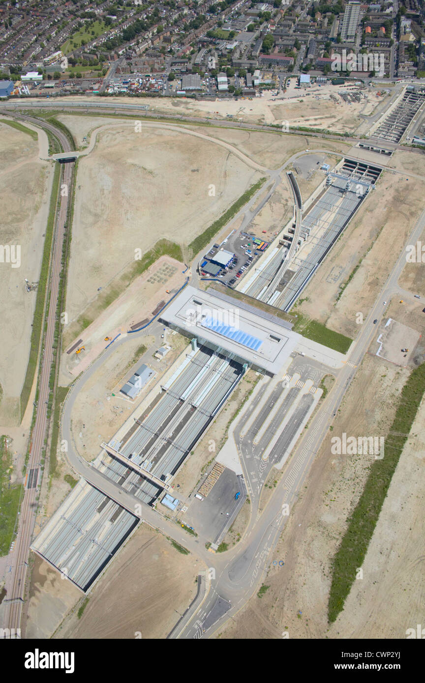 Aerial view of Stratford International DLR rail station under construction at the heart of the
