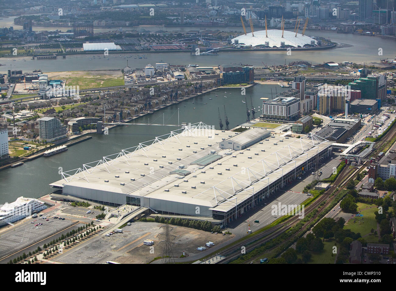 Aerial view of the ExCel Exhibition Centre Royal Victoria Dock and the
