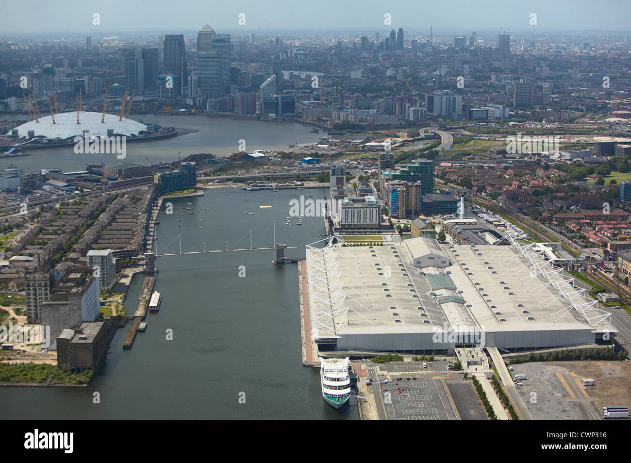 Aerial view of the ExCel Exhibition Centre, Royal Victoria Dock, the Millennium Dome and Canary Wharf, Thames Gateway, London. Stock Photo