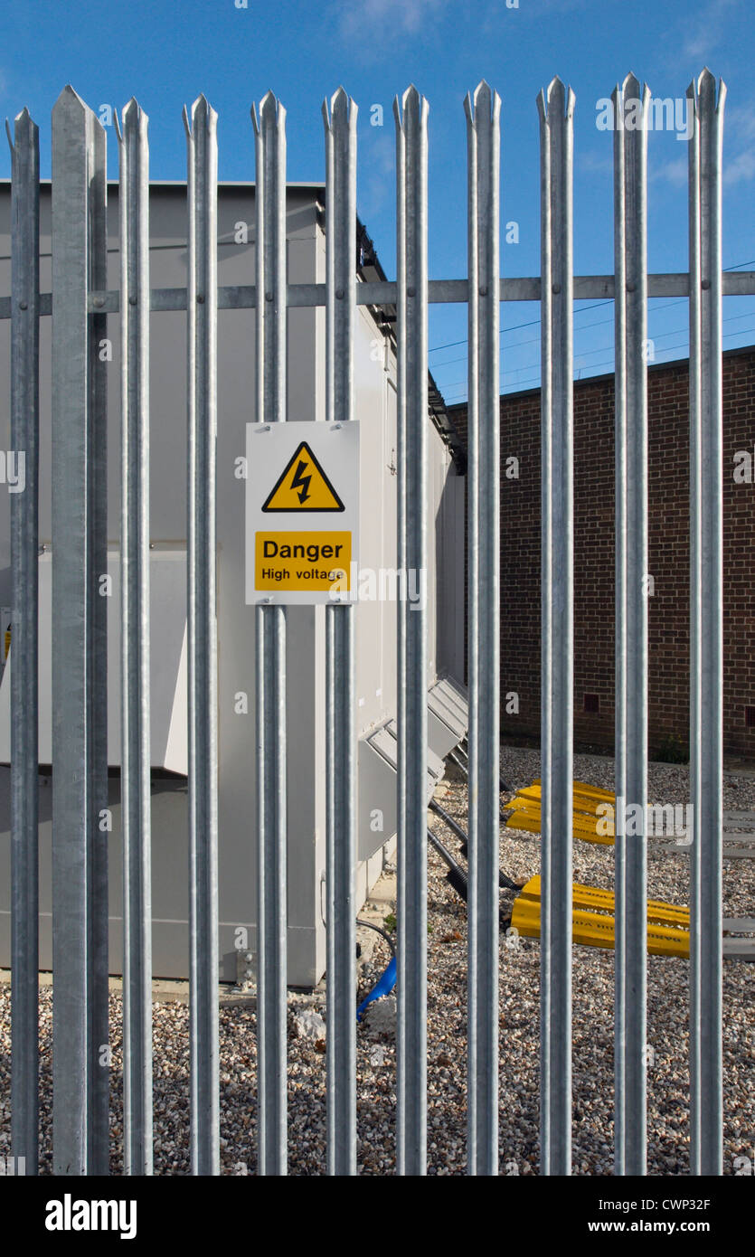 Metal perimeter railing surrounding electric supply box, UK Stock Photo ...