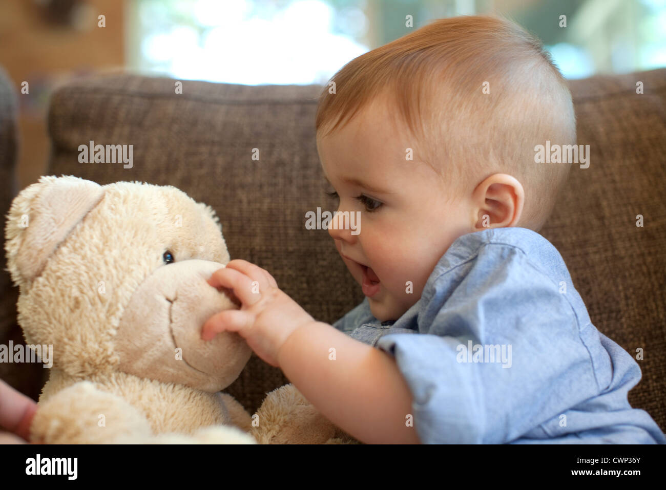 Baby boy playing with teddy bear Stock Photo - Alamy