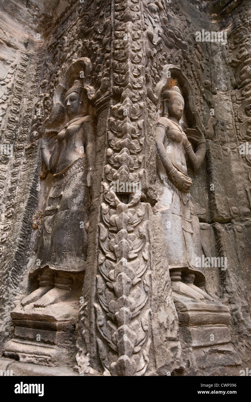 Carvings at the Temple of Ta Prohm, Siem Reap, Cambodia. Temple was used in the movie Tomb Raider Stock Photo