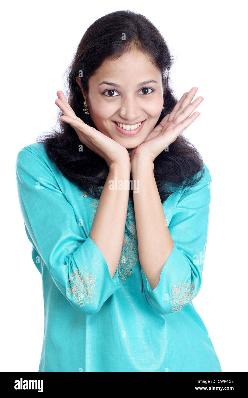 Happy young woman against white background Stock Photo - Alamy