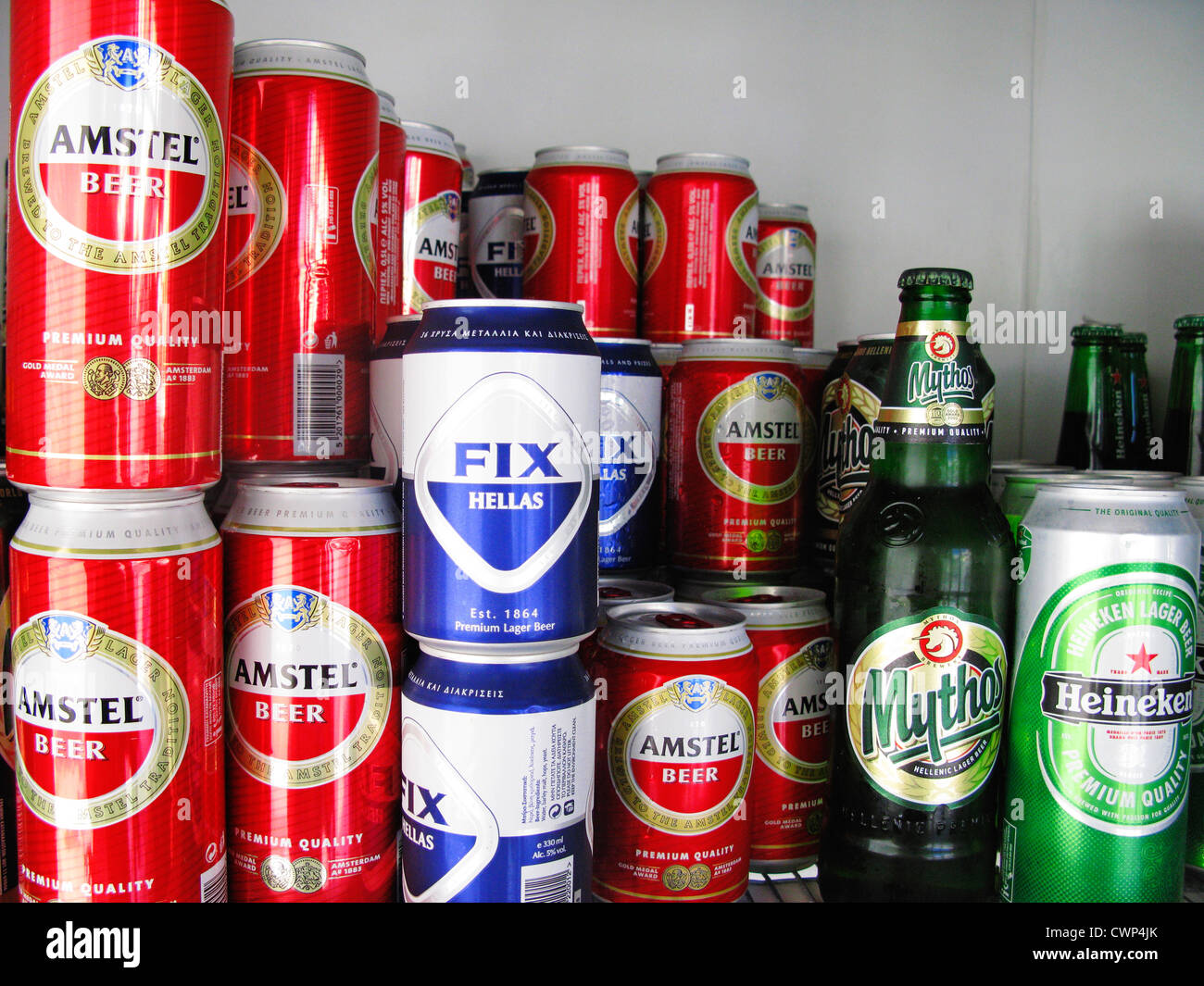 Display of Greek Beers Stock Photo