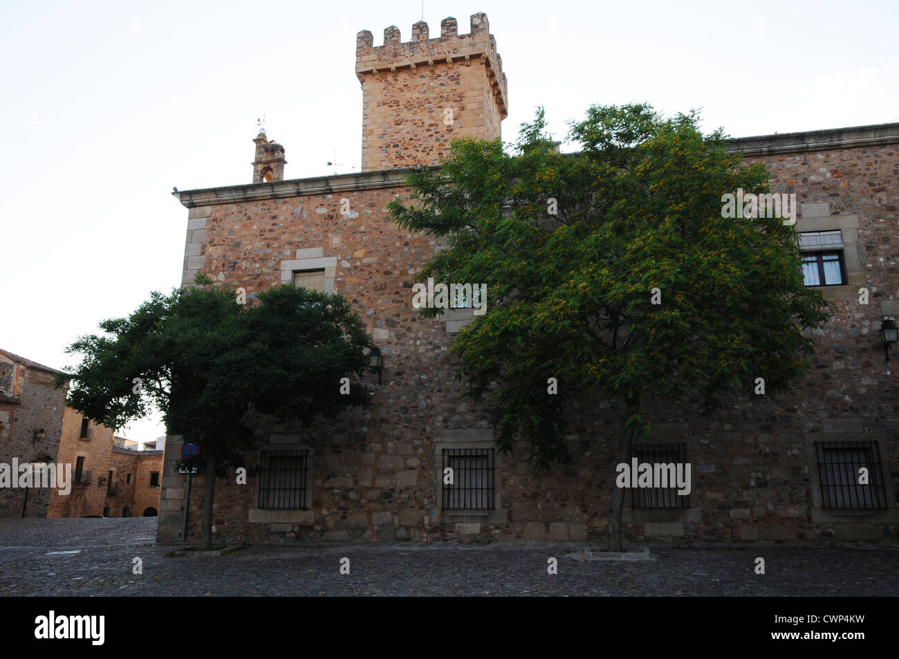 Stone buildings around square, centre Old Town, Caceres. Stock Photo