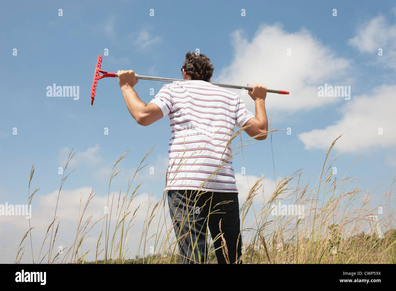 Man standing in grass with rake on shoulders, rear view Stock Photo - Alamy