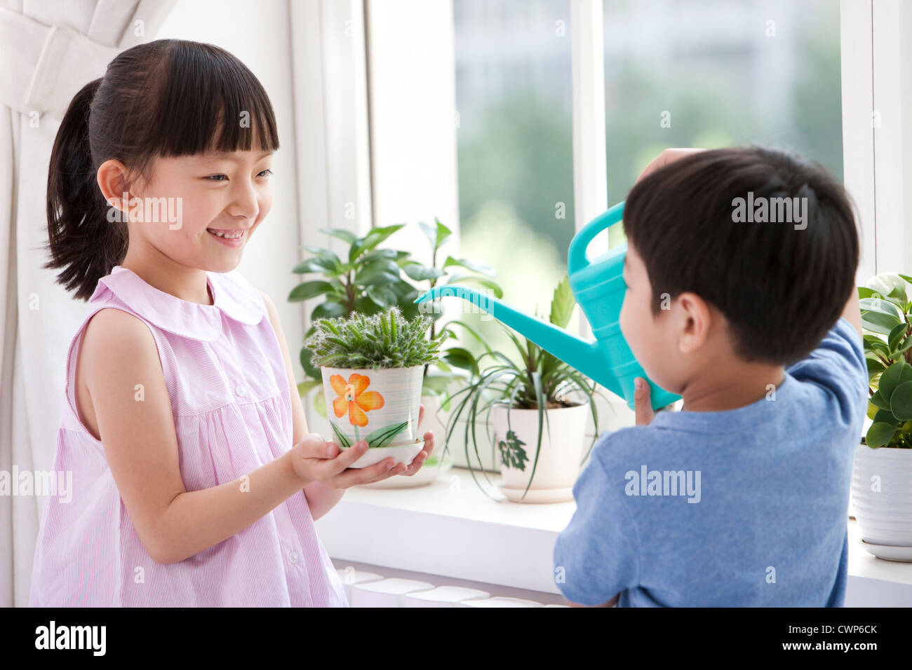 Boy and girl watering potted plants together Stock Photo - Alamy