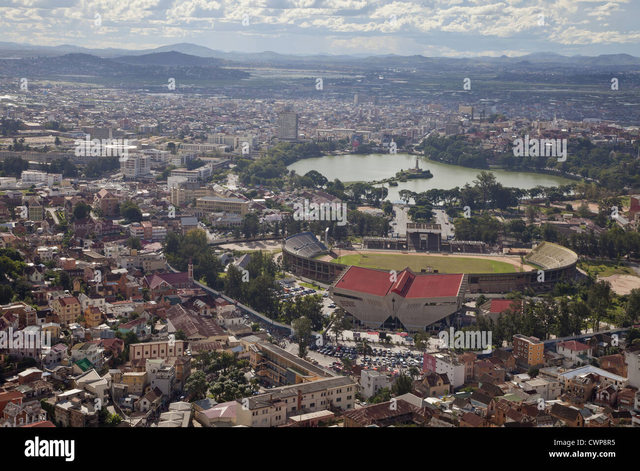 View of city with sports stadium and lake, Lake Anosy, Antananarivo, Analamanga Region, Antananarivo Province, Central Stock Photo
