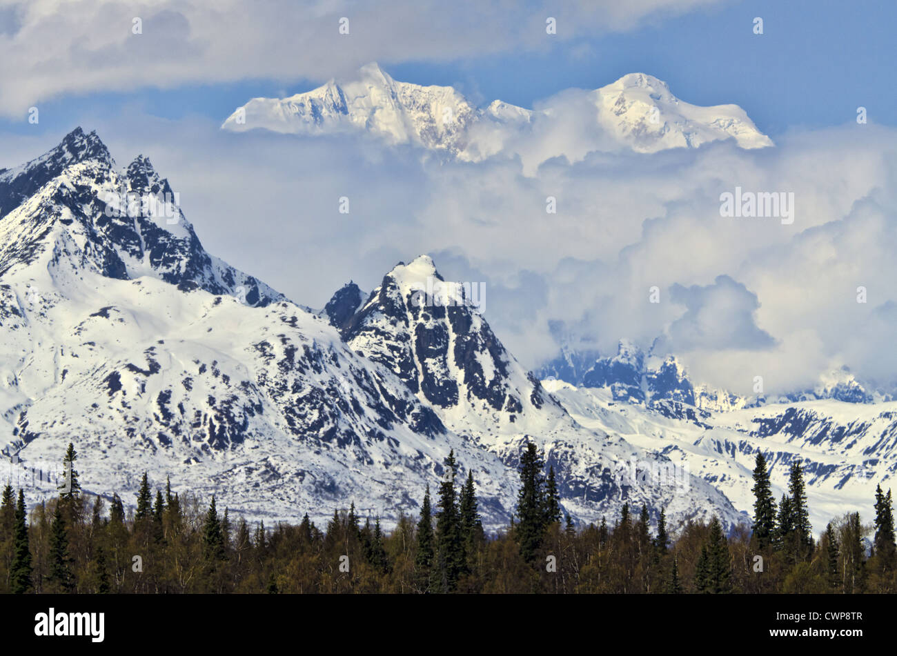 View of snow covered mountains in low cloud, Mt. Hunter, Alaska Range, Denali N.P., Alaska, U.S.A., may Stock Photo