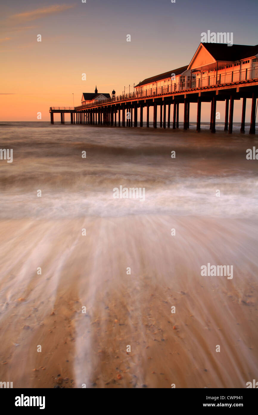 View of restored pier at sunrise, Southwold Pier, Southwold, Suffolk, England, july Stock Photo