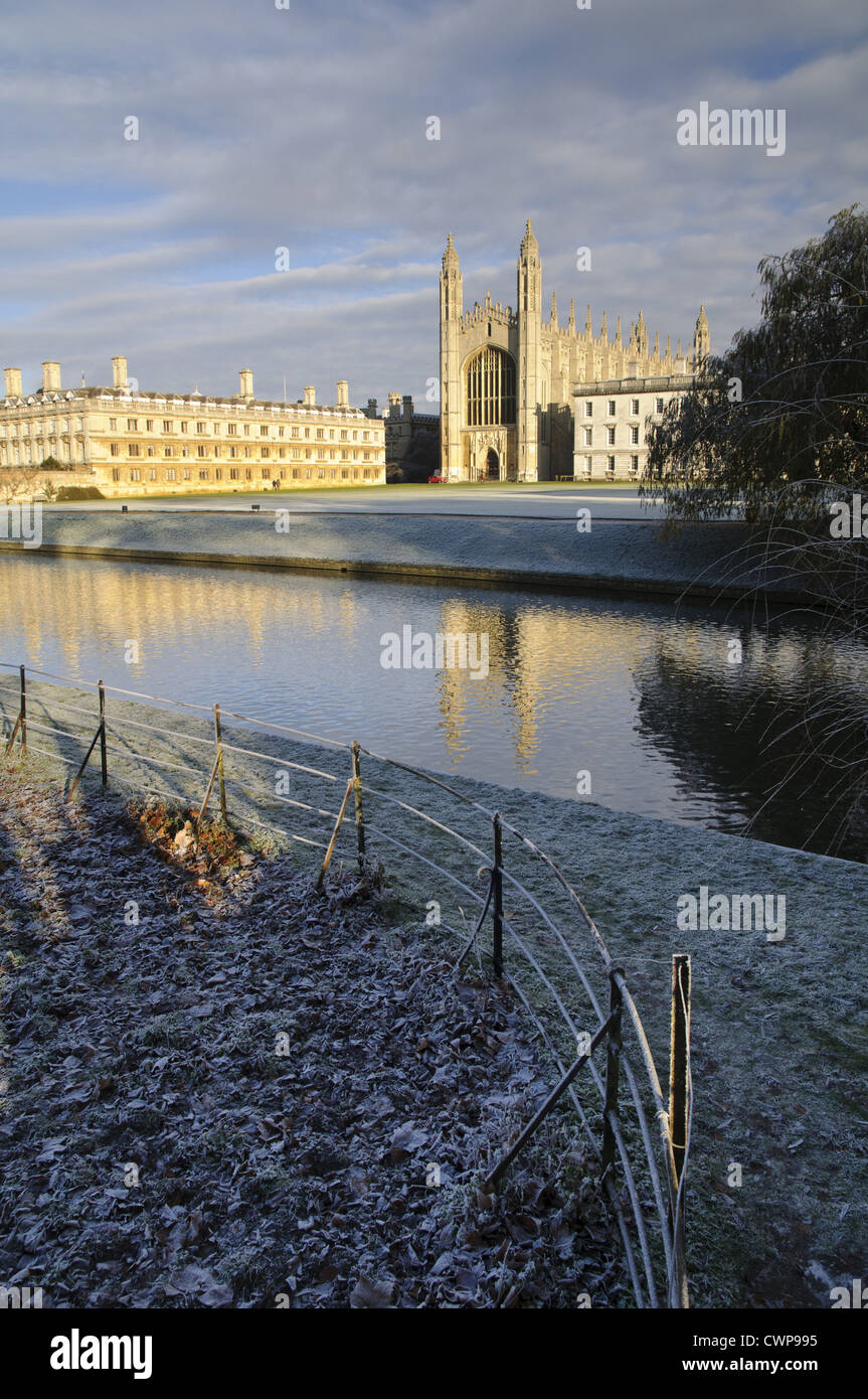 View of river and college buildings in frost, Clare College, King's College Chapel and King's College, River Cam, Cambridge, Stock Photo