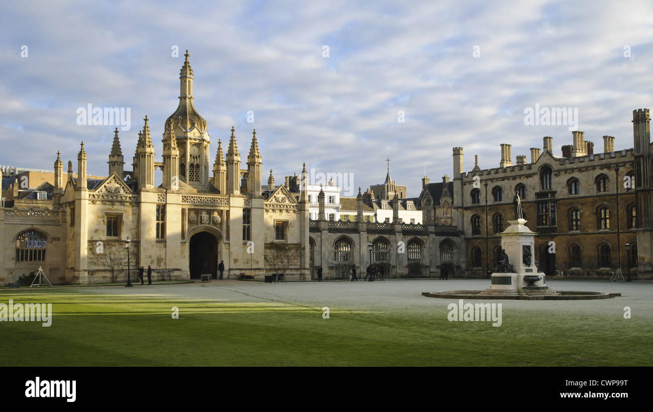 Gatehouse and courtyard of college in frost, King's College, Cambridge, Cambridgeshire, England, december Stock Photo