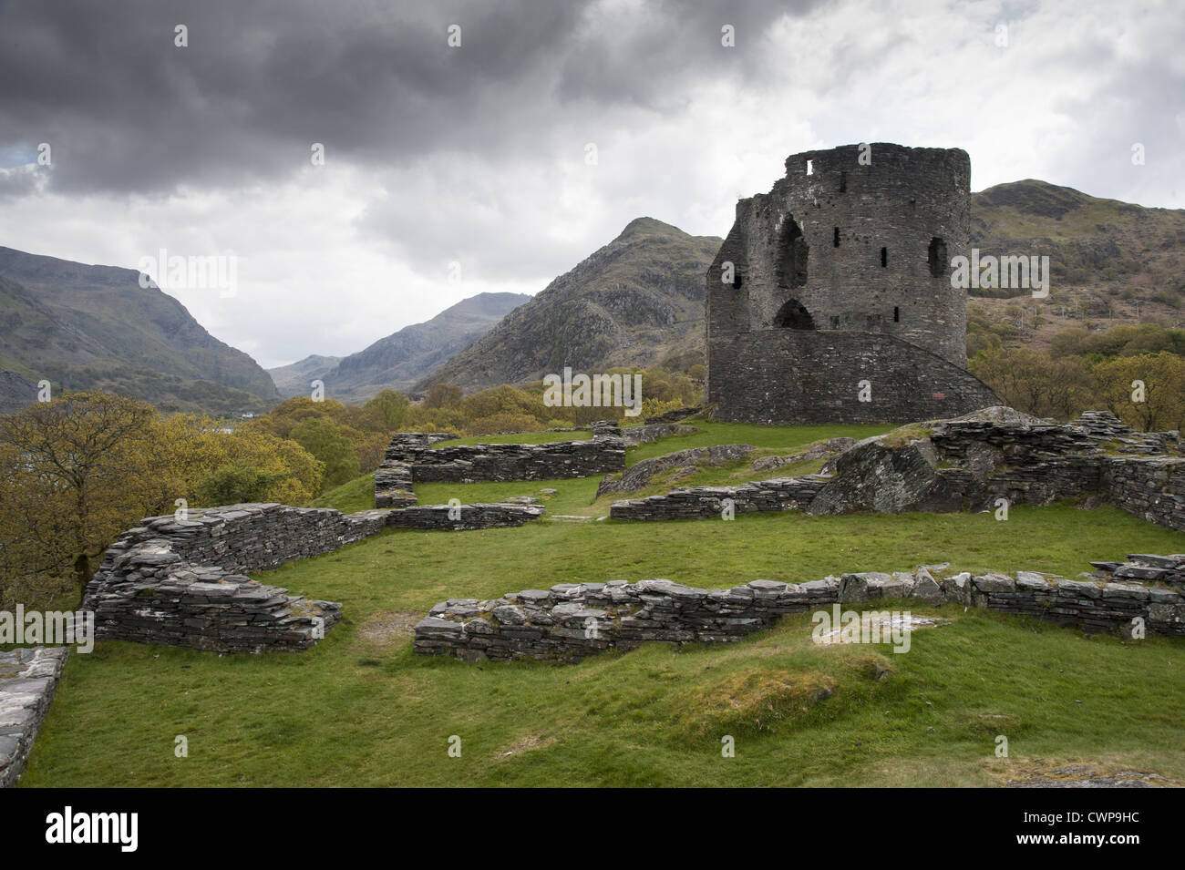 Ruined thirteenth century castle with keep, Dolbadarn Castle, Llanberis Pass, Snowdonia N.P., North Wales, may Stock Photo