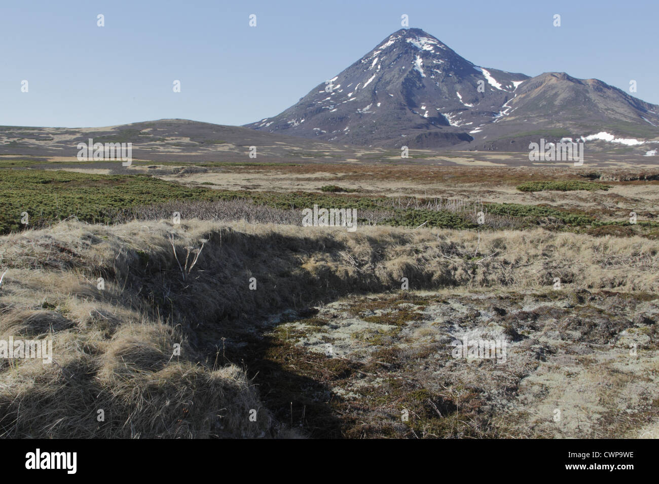Foundations of Ainu dwelling and tundra on volcanic island, Onekotan Island, Kuril Islands, Sea of Okhotsk, Sakhalin Oblast, Stock Photo