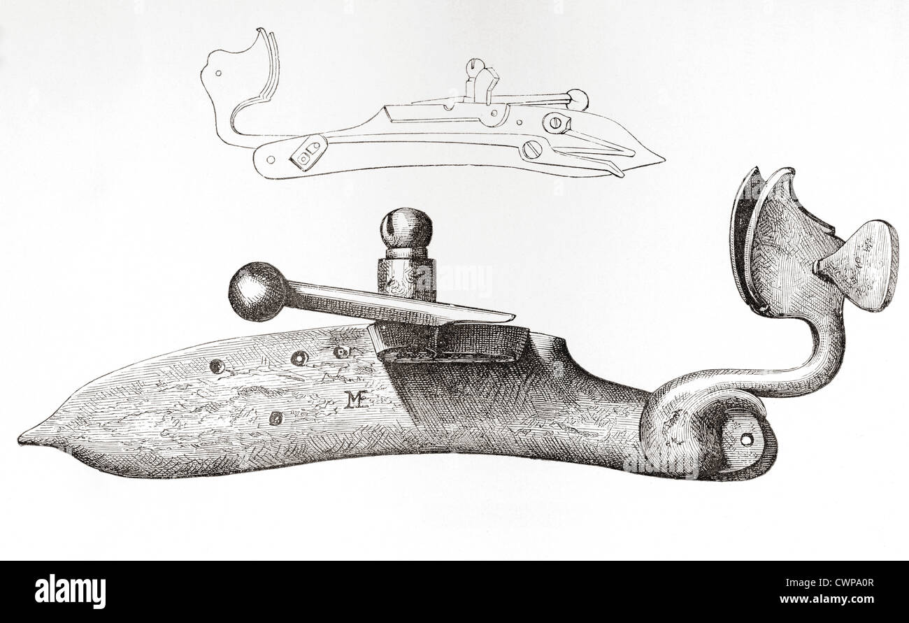 17th century Matchlock. Mechanism or lock used for firing a handheld firearm. Stock Photo