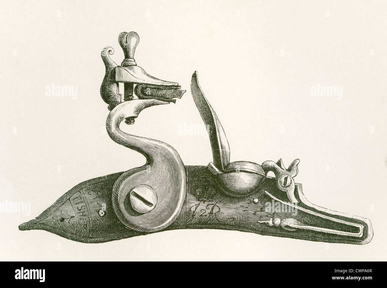 17th century Regulation Lock. From The British Army: Its Origins, Progress and Equipment, published 1868. Stock Photo