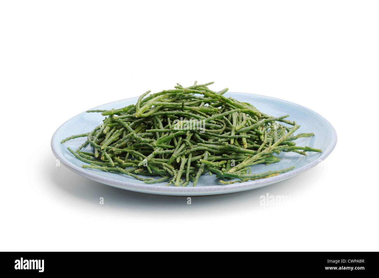 Plate of samphire on white background Stock Photo