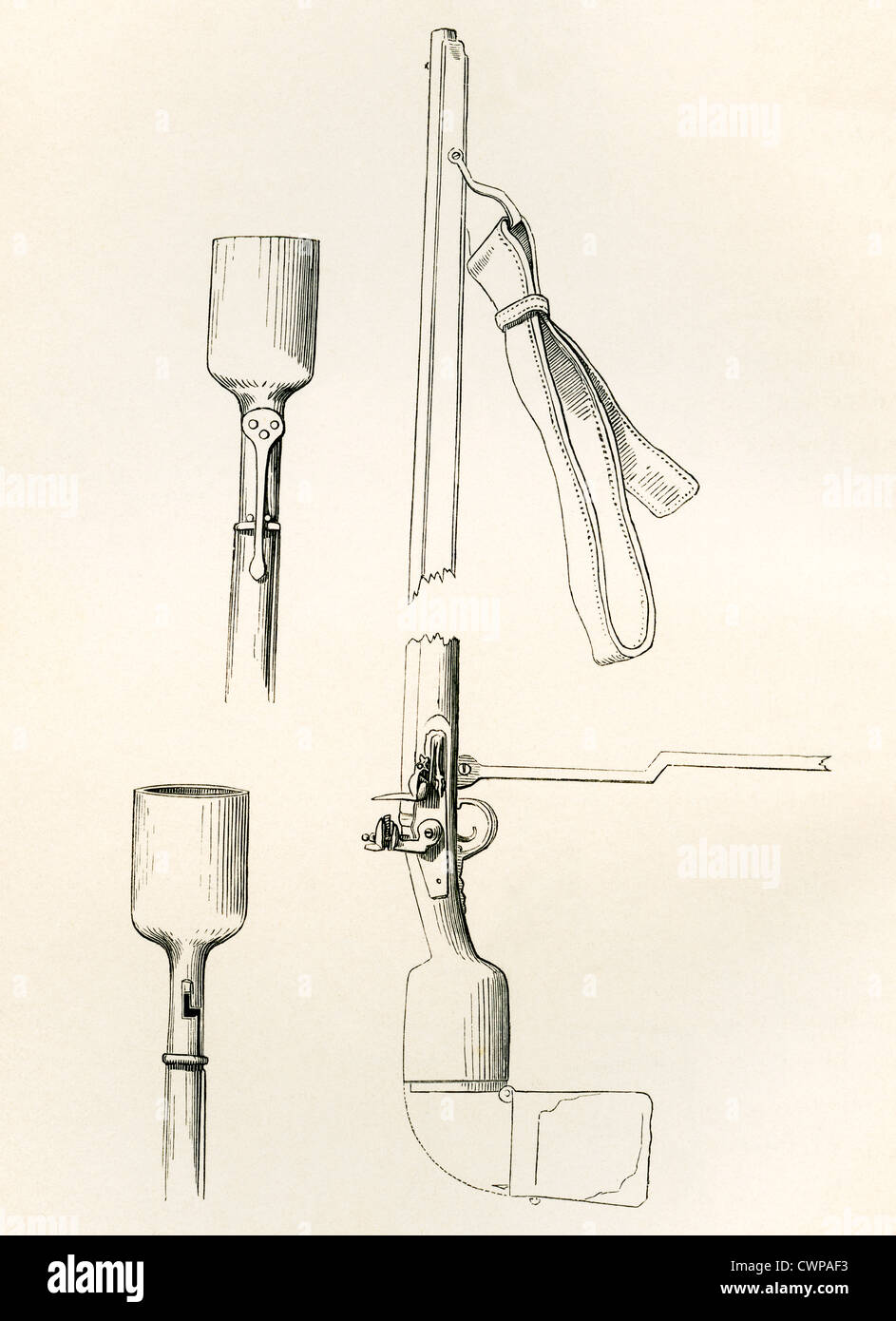 Fusils with locks for projecting grenades. From The British Army: Its Origins, Progress and Equipment, published 1868. Stock Photo
