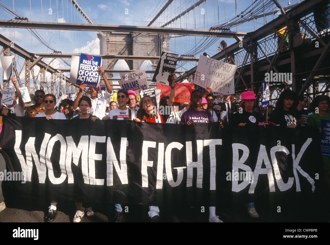 New York, NY 7 July 1992 - Abortion Rights advocates march across the Brooklyn Bridge to New York City Hall Stock Photo