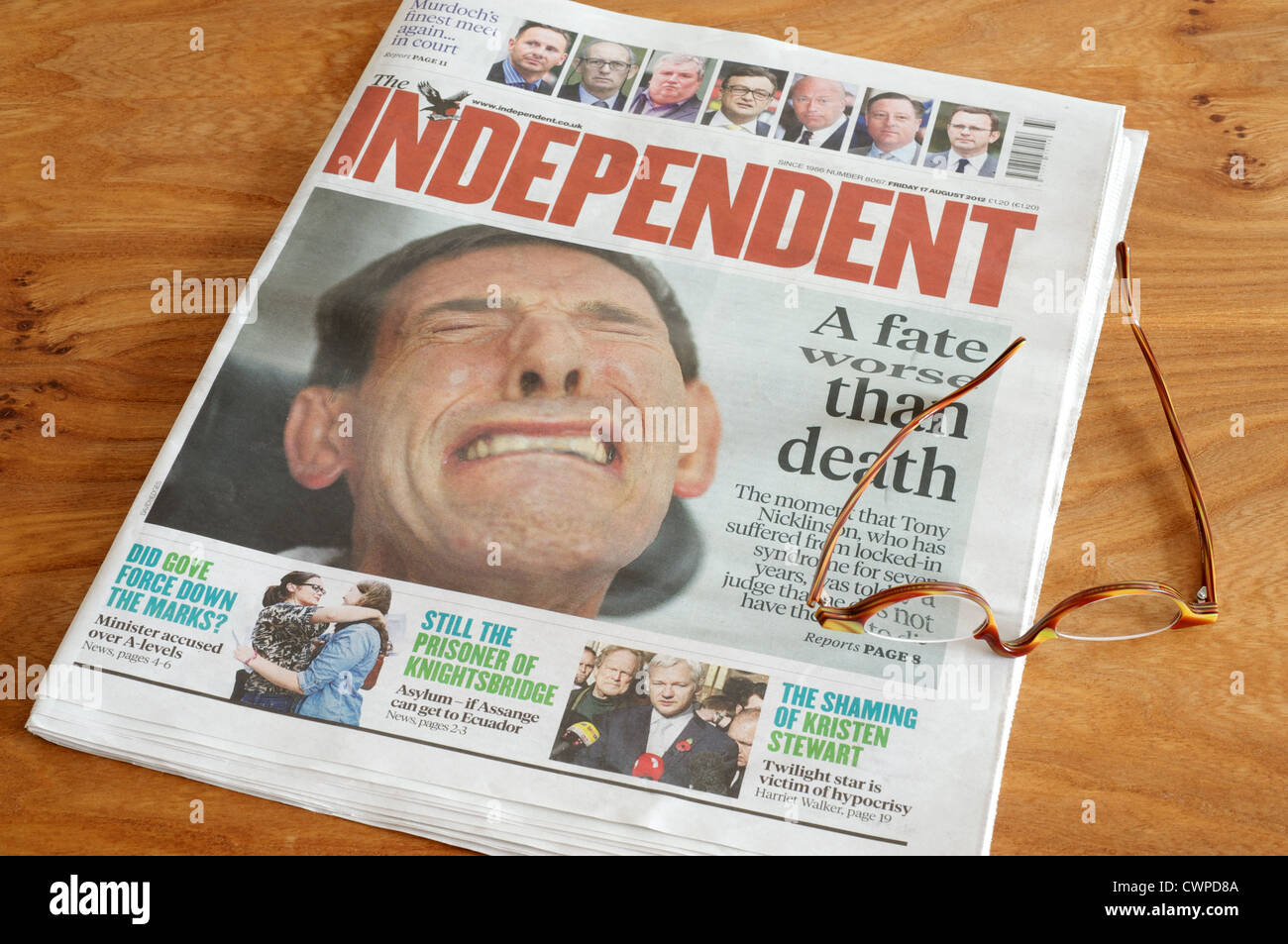 Independent newspaper with the front page showing the face of locked-in syndrome sufferer Tony Nicklinson Stock Photo