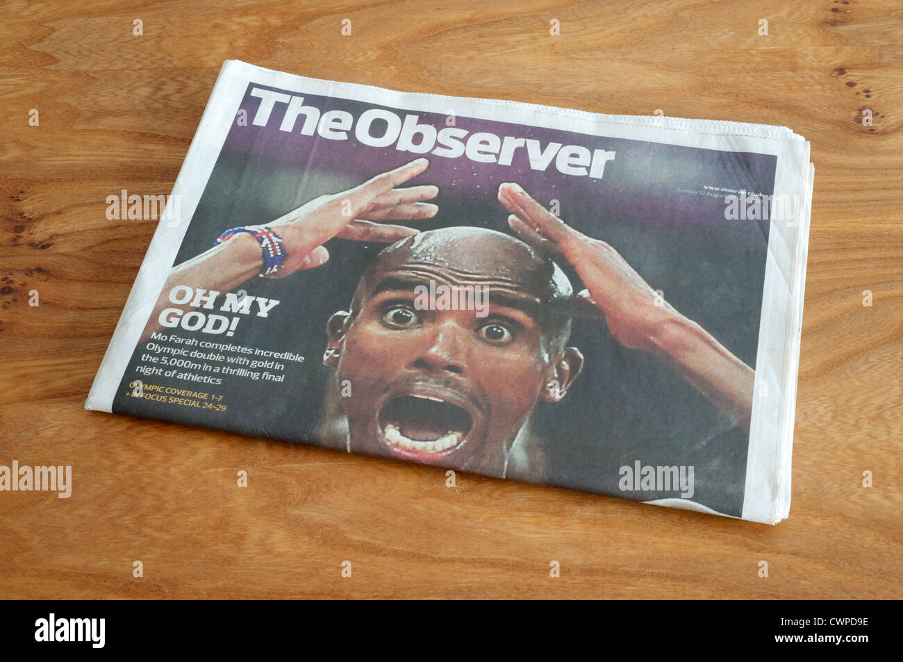 The Observer newspaper showing Mo Farah winning gold at the London 2012 Olympics Stock Photo