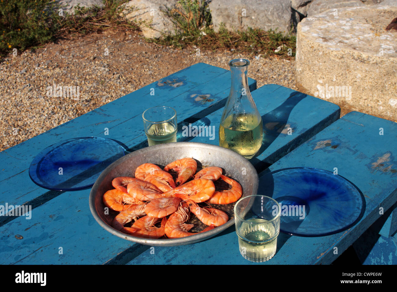 Platter of crevettes at La Perle Gruissanaise seafood restaurant Gruissan Languedoc-Roussillon France Stock Photo