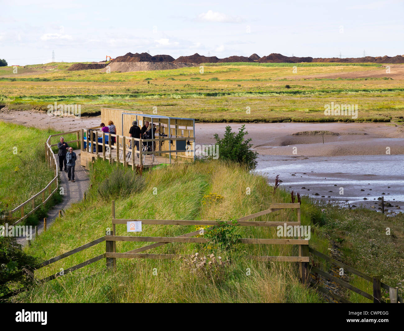 A wildlife hide manned by the RSPB for viewing seals and birds at Greatham Creek Hartlepool Teesside Stock Photo