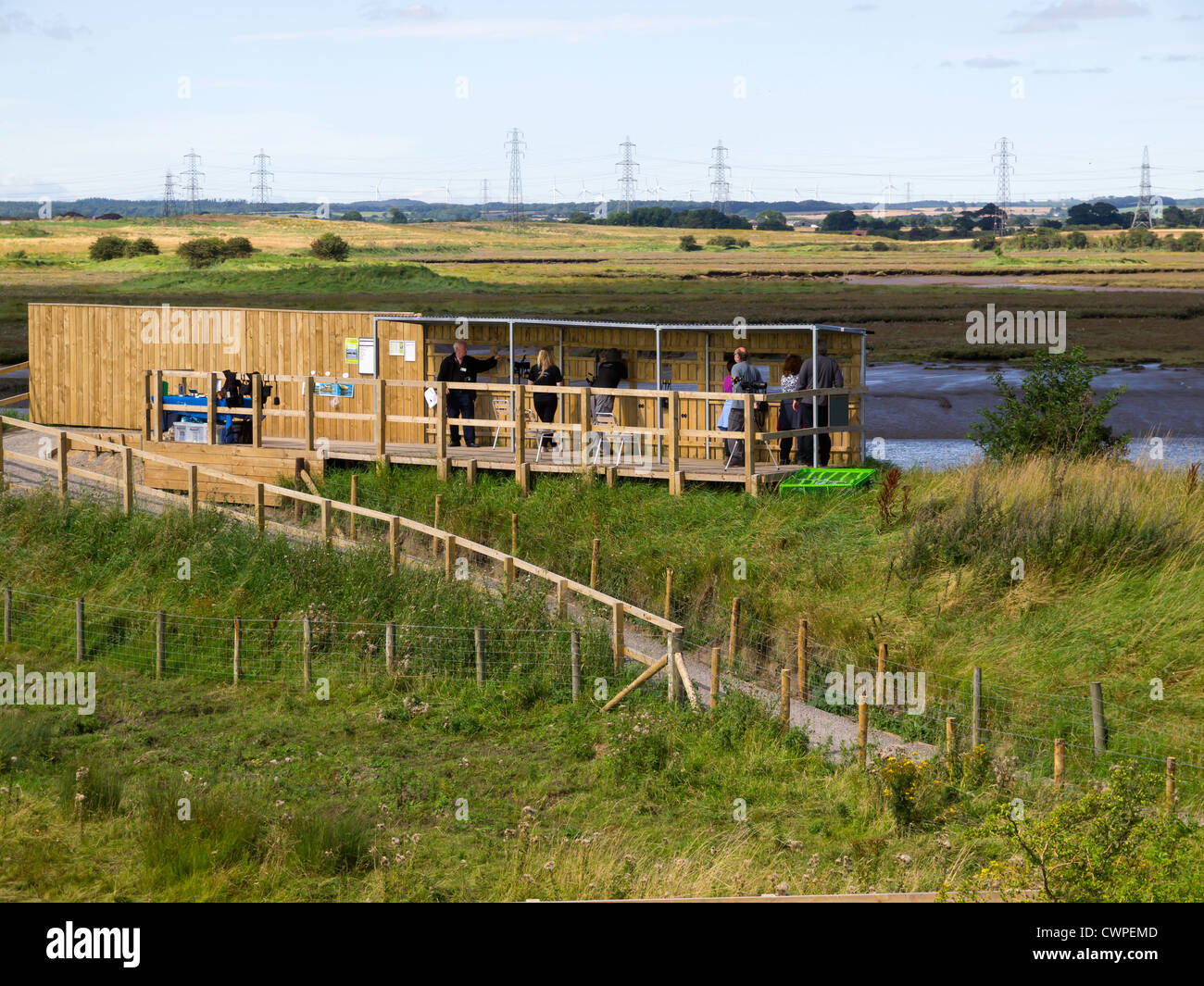 A wildlife hide manned by the RSPB for viewing seals and birds at Greatham Creek Hartlepool Teesside Stock Photo