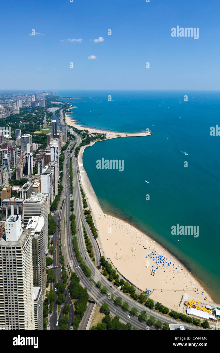 View over Oak Street and North Avenue beaches on Lake Michigan from 360 Chicago in the John Hancock Center, N Michigan Avenue, Chicago, Illinois, USA Stock Photo