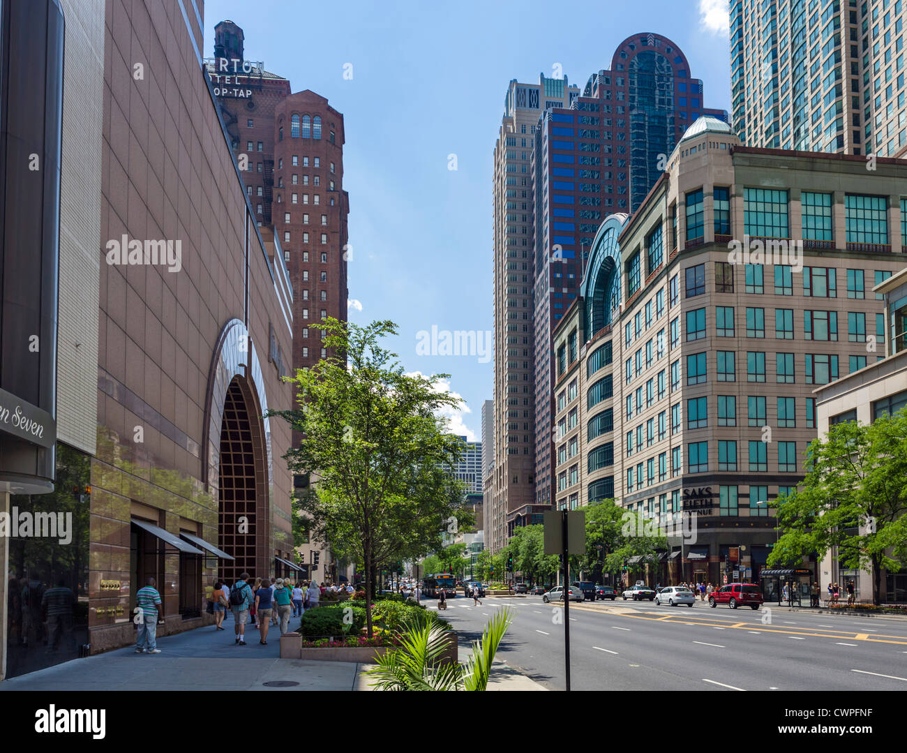 Shops on the Magnificent Mile with Neiman-Marcus store to left and Saks Fifth Avenue to right, N Michigan Ave, Chicago, IL, USA Stock Photo