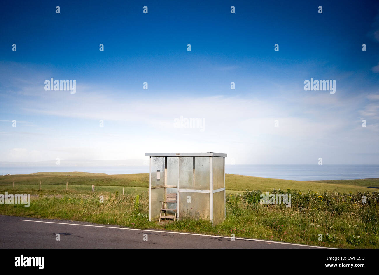 A remote bus shelter near Uig on the Isle of Skye, Scotland, UK Stock Photo