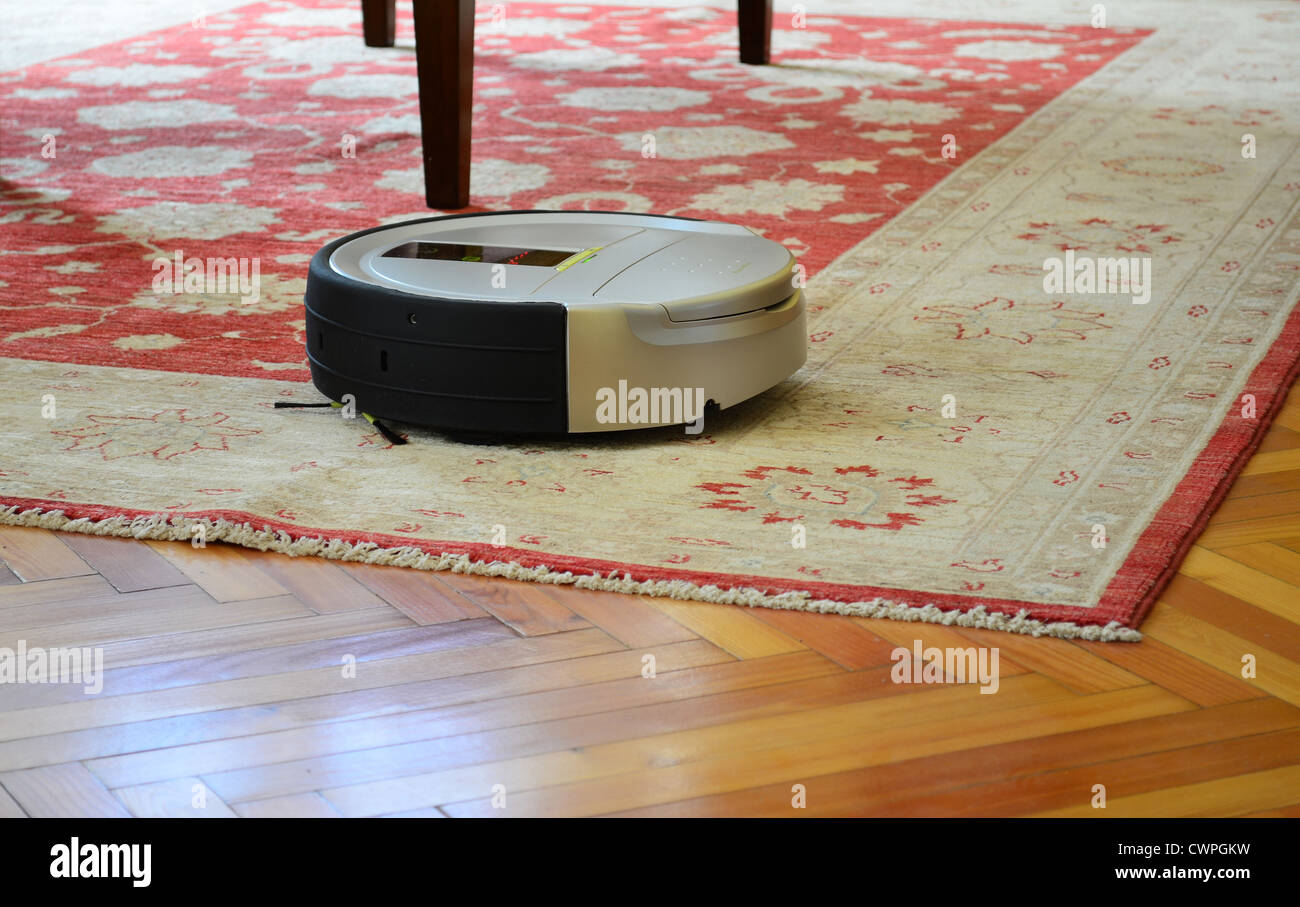Automatic cleaning with robot vacuum cleaner on rug and hardwood floor