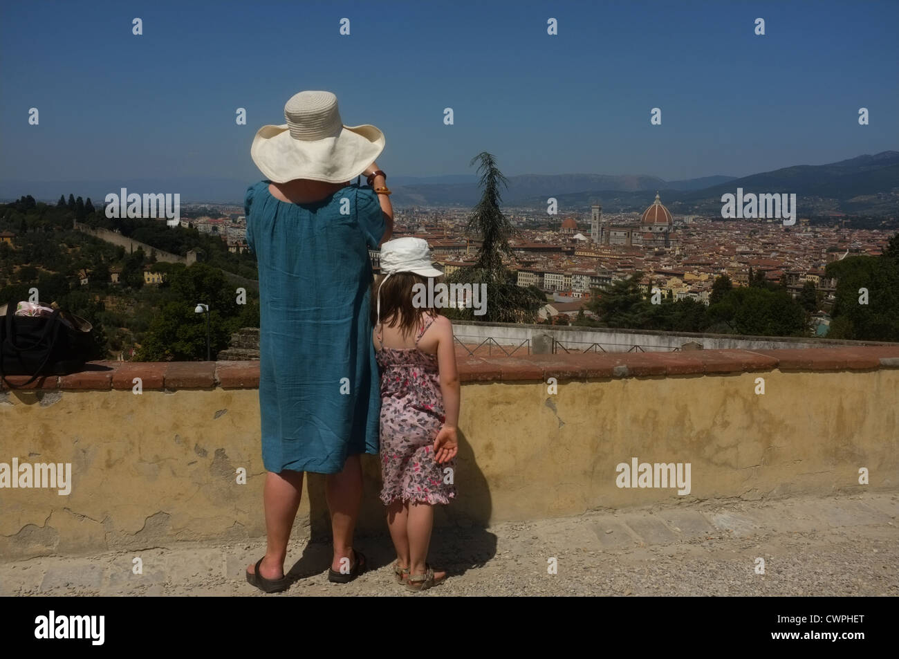 Mother and child sightseers on holiday at piazzale michelangelo, Florence Italy Stock Photo