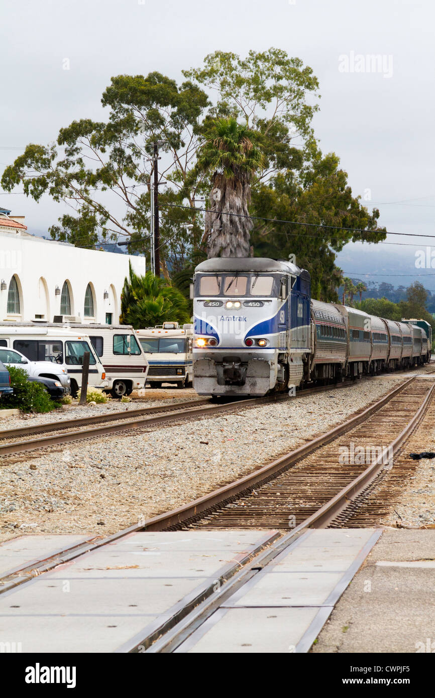 Amtrak train enters station in "Santa Barbara", California Stock Photo