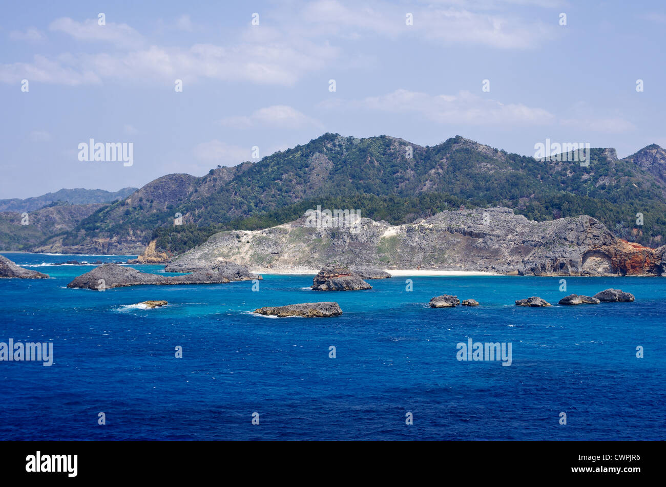 View from Minami-jima towards Jinny Beach and John Beach on Chichijima, Ogasawara Islands, Tokyo, Japan Stock Photo