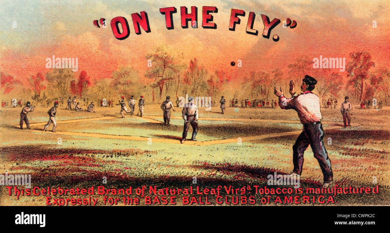On the flyTobacco package label showing outfielder preparing to catch a batted ball, in the days before baseball gloves, 1867 Stock Photo