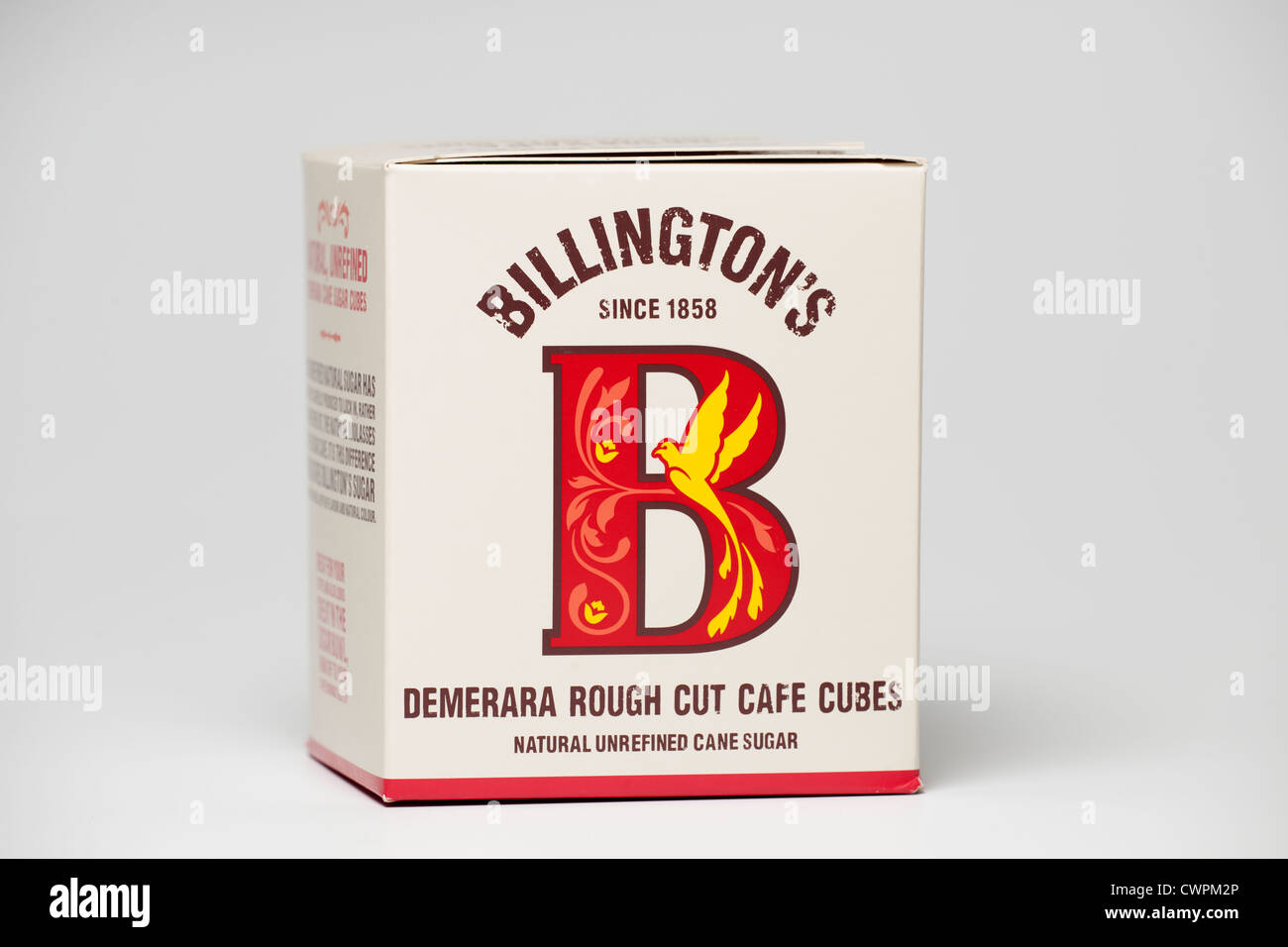 Box of Billingtons natural unrefined cane sugar Demerara rough cut cafe cubes Stock Photo