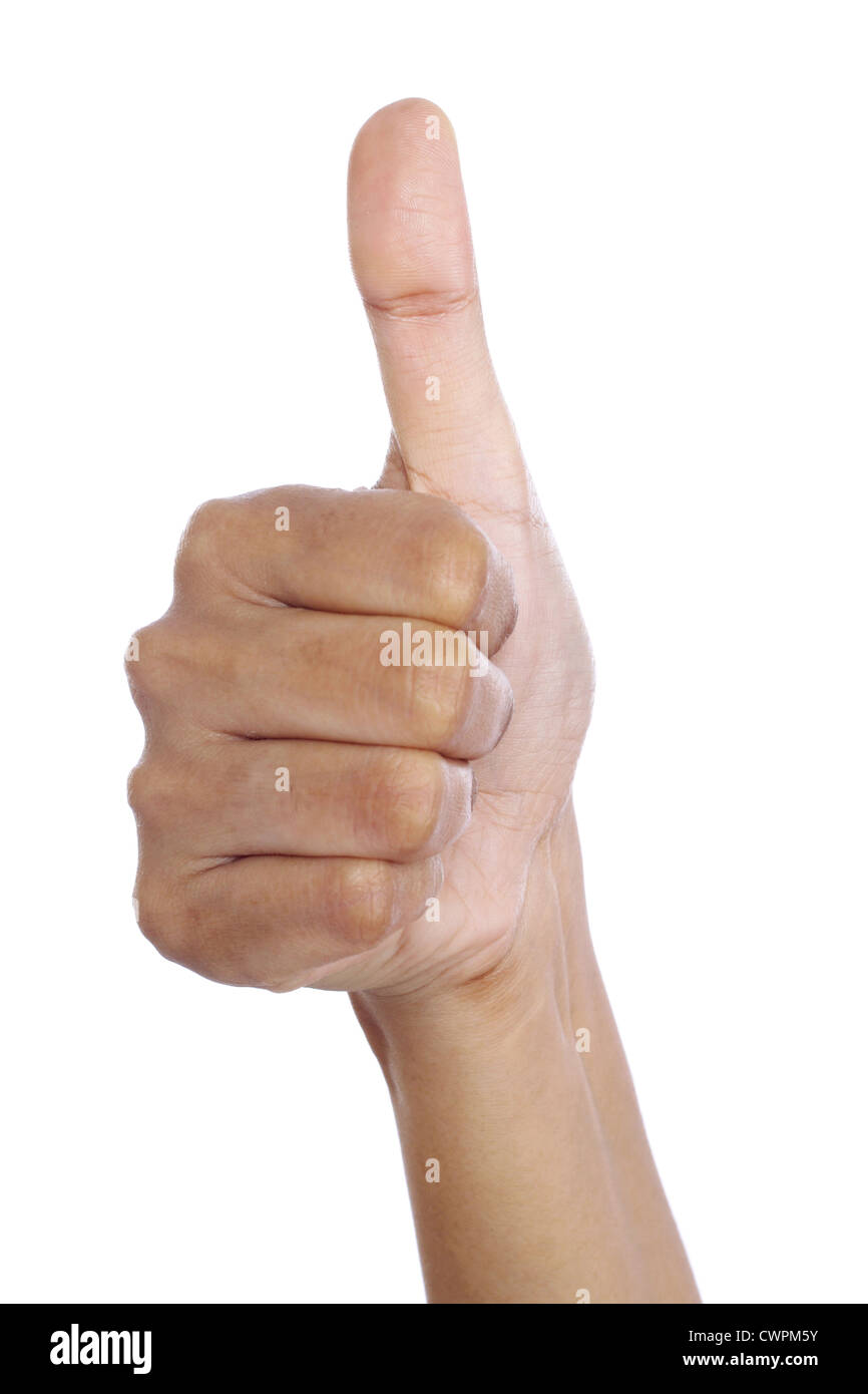 Hand Thumbs up gesture against white background Stock Photo