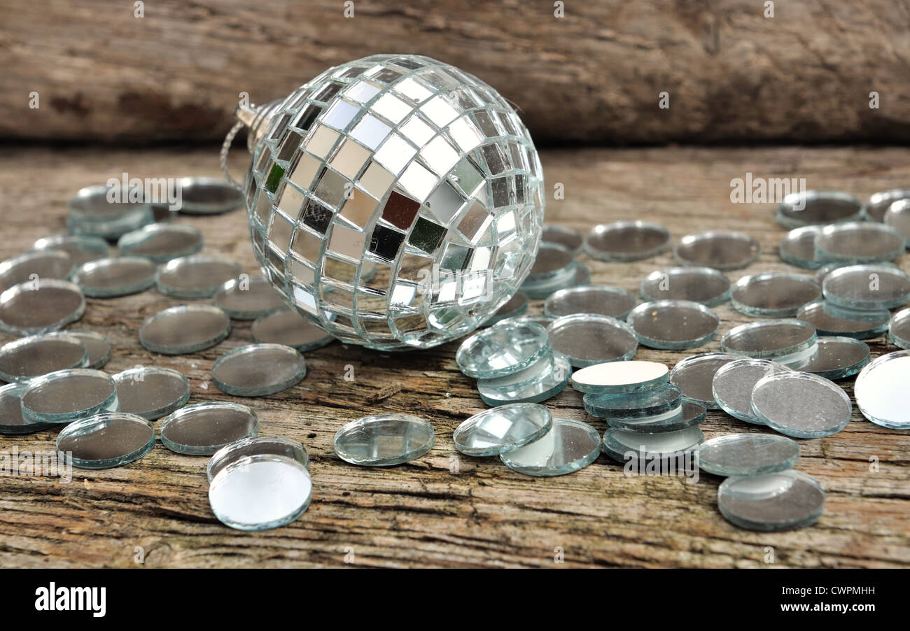 mirror christmas ball on wooden background Stock Photo