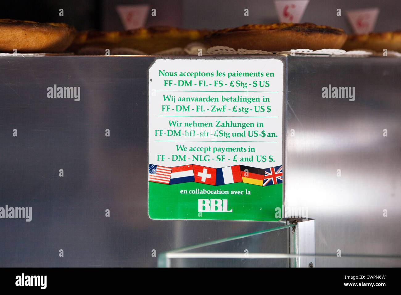 Currency  sign in bakery shop fridge in Liege, Belgium, offering the chance to pay in several pre-euro currencies Stock Photo