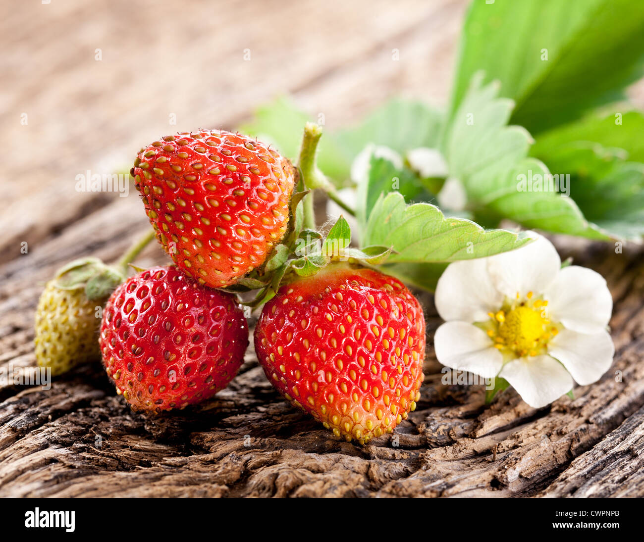 Strawberries with leaves on the old wooden table Stock Photo - Alamy