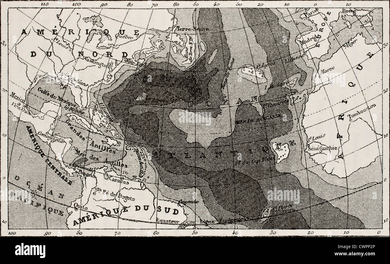 Old map of Atlantic Ocean depth Stock Photo