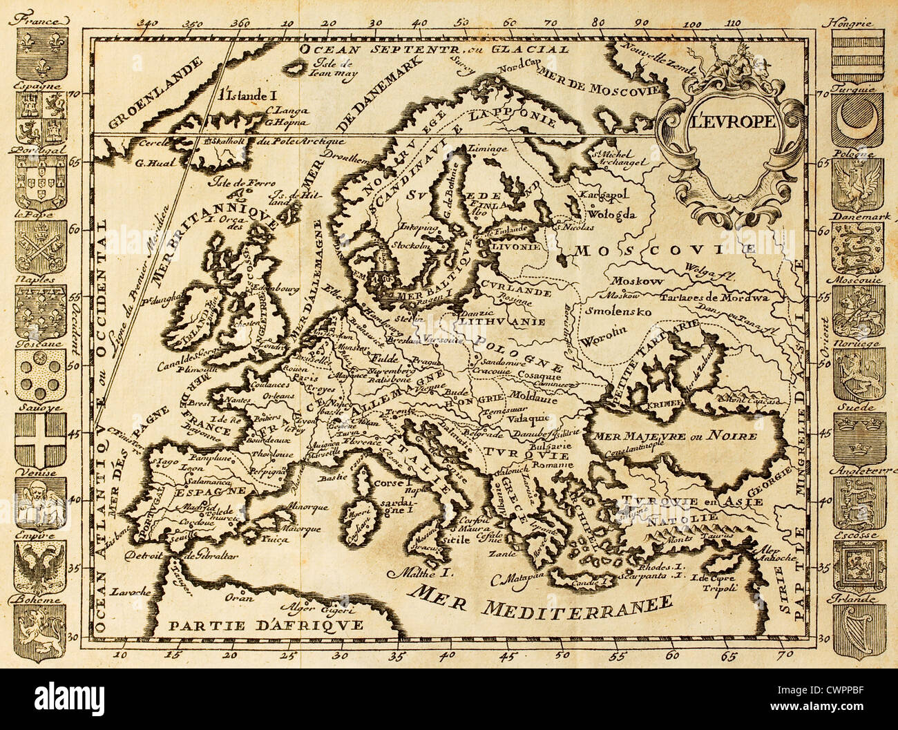 Map of Europe framed by national crests. May be datet to the beginning of XVIII sec. Stock Photo