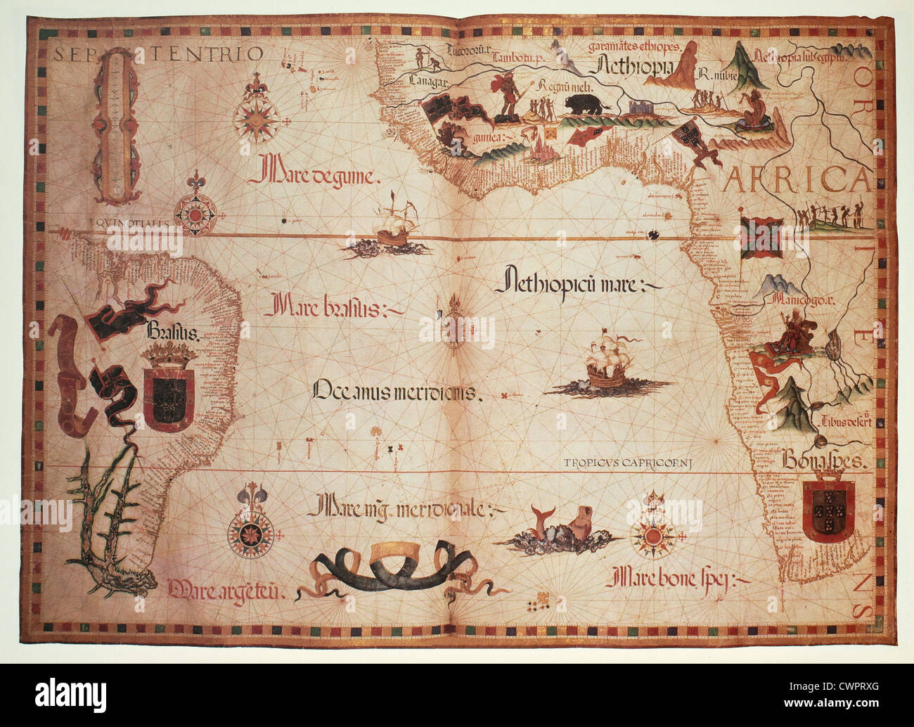 Old Portolan chart of Atlantic Ocean Stock Photo