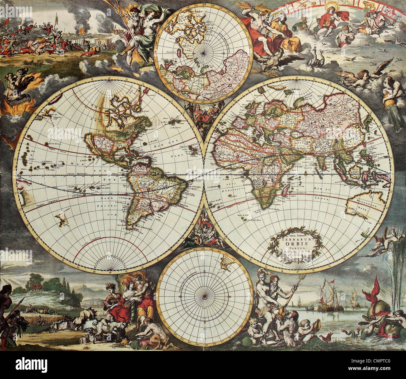 Old map of world hemispheres Stock Photo