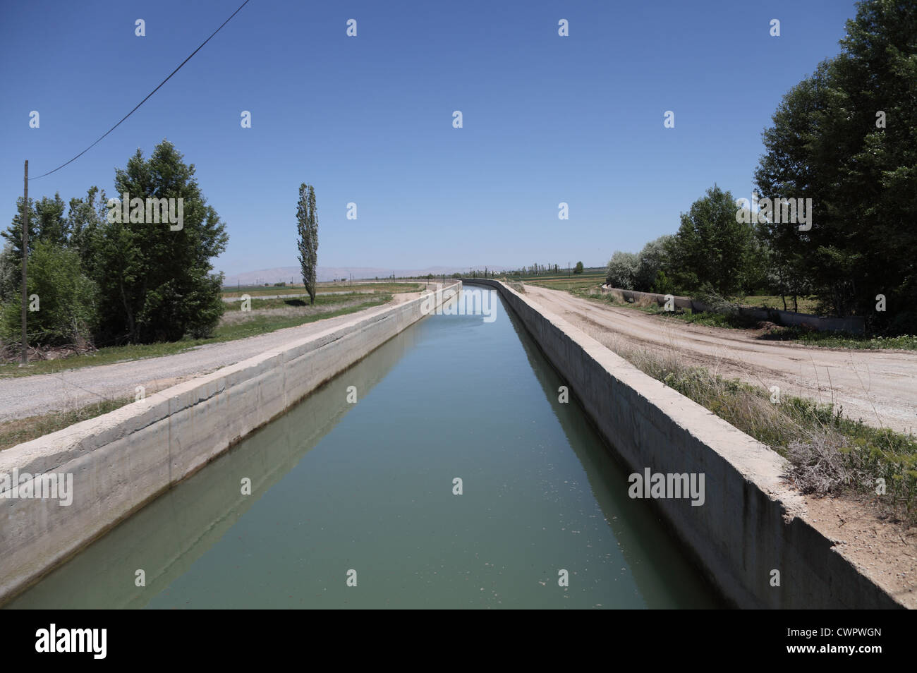 Irrigation canal near Catalhoyuk, Cumra, Konya Plain, Karatay, central Anatolia Turkey Stock Photo