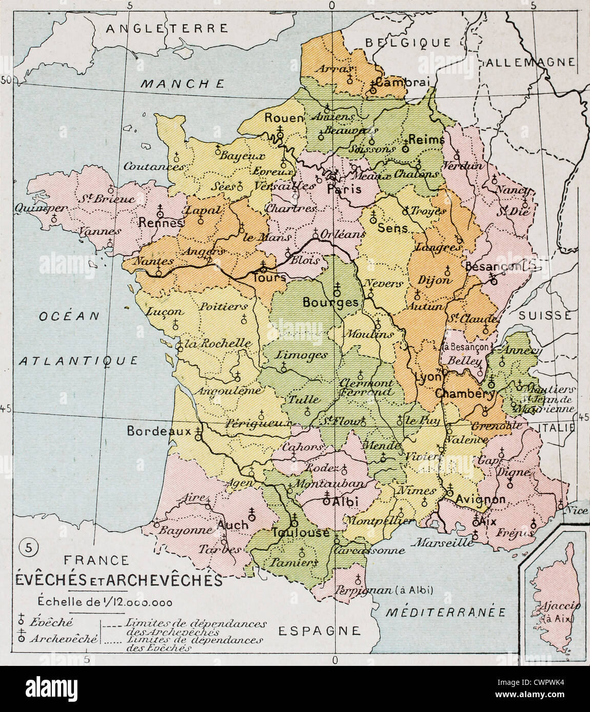 French Diocese and Archdiocese old map Stock Photo