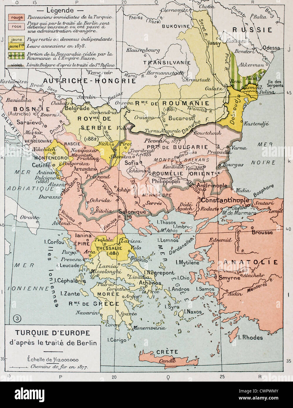 European Turkey after Treaty of Berlin (1878) old map Stock Photo